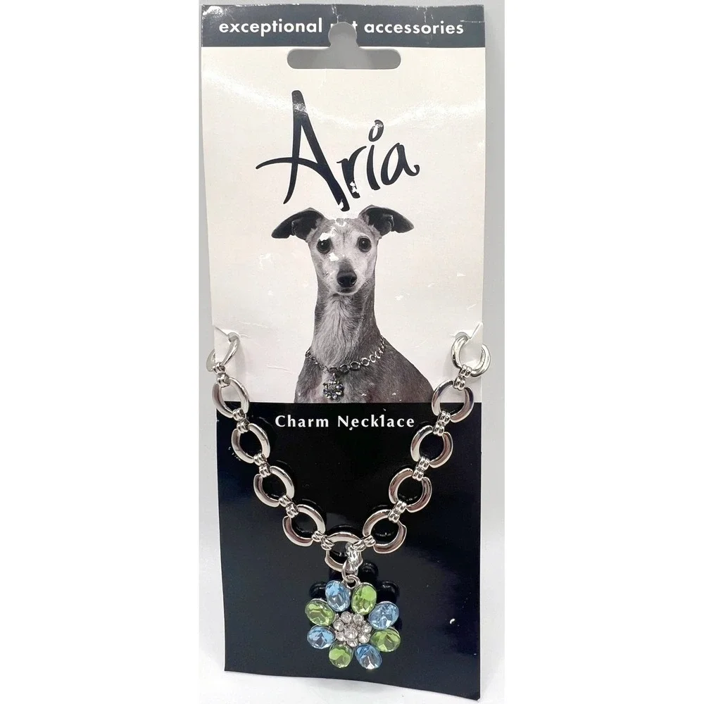 Aria Flower Charm Dog Necklace Blue Green Crystal 8–12